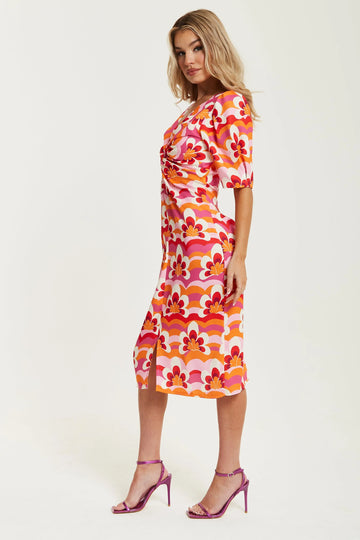 Floral Knot Front Midi Dress In Orange And Pink Liquorish